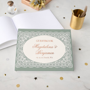 Vintage Ivory Lace Elegant Sage Green Wedding Foil Guest Book