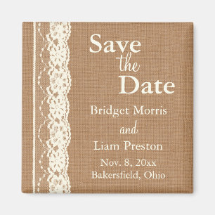 Vintage Ivory Lace & Med. Burlap Save the Date Magnet