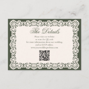 Vintage Ivory Lace Olive Green Wedding Website QR Enclosure Card