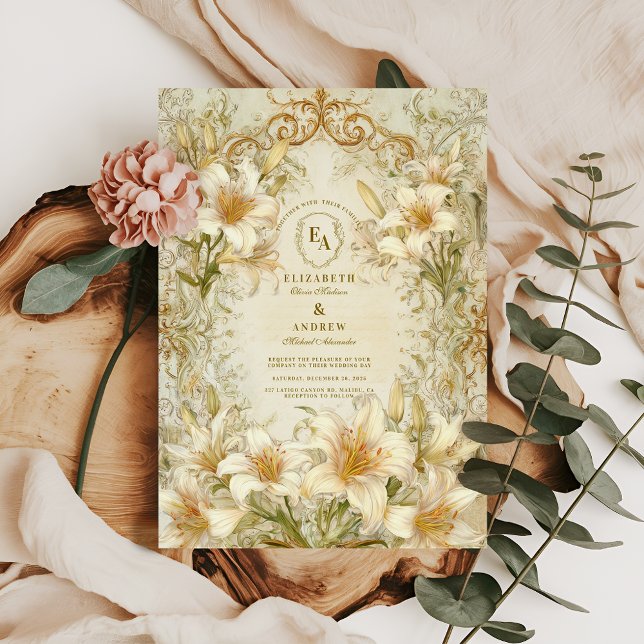 Vintage Ivory Lily Floral Wedding Invitation (Creator Uploaded)