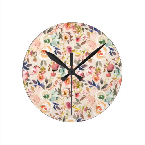 Vintage ivory pink brown watercolor rustic floral round clock