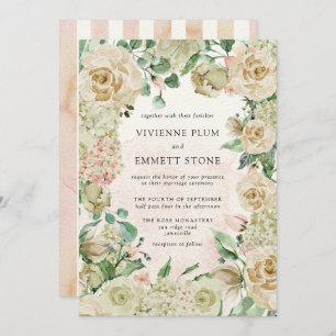 Vintage Ivory Rose Hydrangea Floral Wedding Invitation