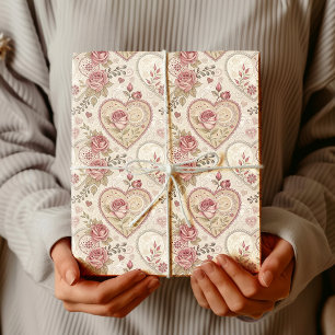 Vintage Ivory Rose Mandala Heart Pattern Wrapping Paper