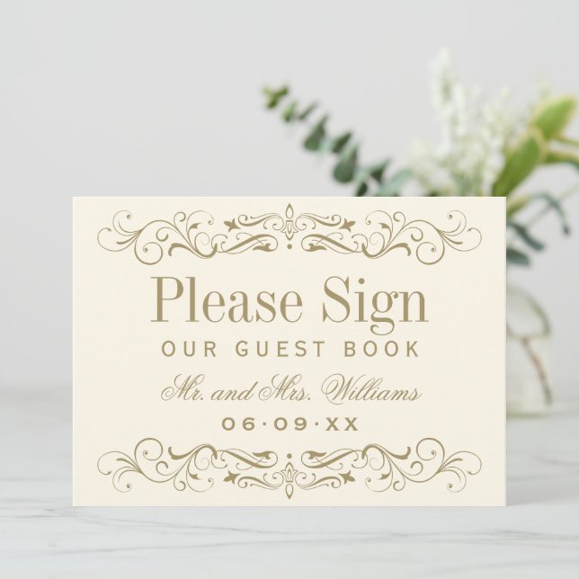 Vintage Ivory Scrollwork Guest Book Sign (Standing Front)