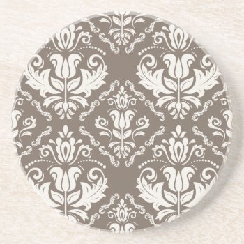 Vintage Ivory Taupe Damask Stylish Pattern Sandstone Coaster by ZeraDesign at Zazzle