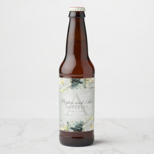 Vintage Ivory White Sage Green Floral Glitter  Beer Bottle Label