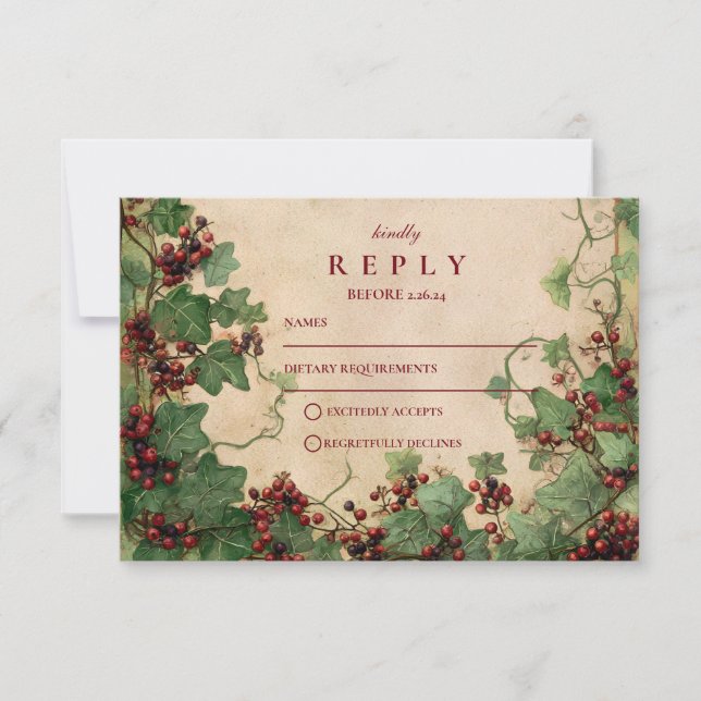Vintage Ivy and Berries Wedding RSVP Card (Front)