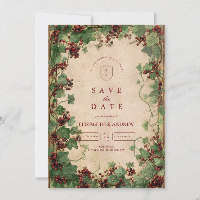 Vintage Ivy and Berries Wedding Save The Date (Front)