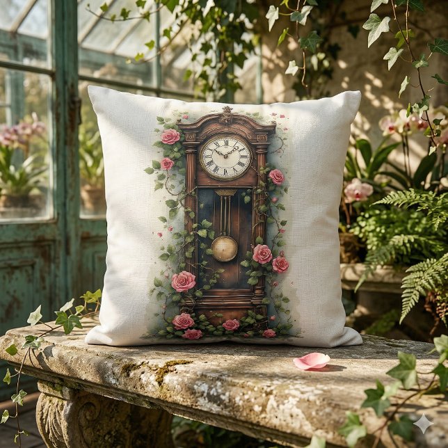 Vintage Ivy Rose Grandfather Clock Throw Pillow (Vintage Ivy Rose Grandfather Clock Throw Pillow Mockup A)