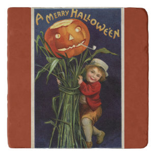 Vintage Jack-o-Lantern Cornstalk and Boy Halloween Trivet