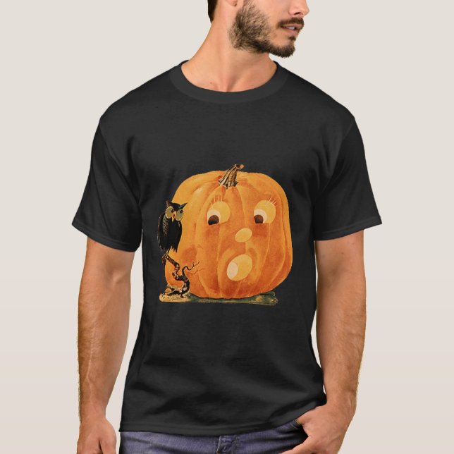 Vintage Jack O Lantern & Owl  T-Shirt (Front)
