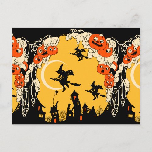 Vintage Jack o Lanturns and Flying Witches Postcard