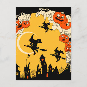 Vintage Jack o' Lanturns and Flying Witches Postcard