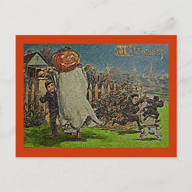 Vintage Jack o'Lantern Scarecrow and Boys Postcard (Front)