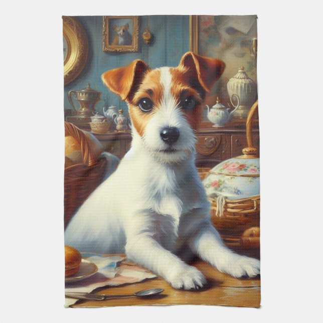 Vintage Jack Russell Terrier Painting Kitchen Towel (Vertical)
