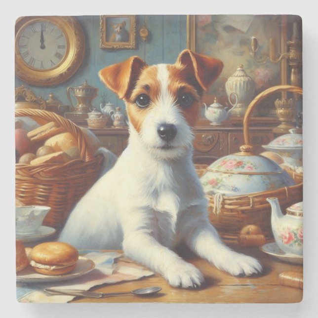 Vintage Jack Russell Terrier Painting Stone Coaster (Front)