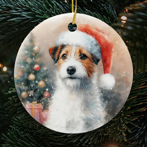 Vintage Jack Russell Terrier Watercolor Christmas Ceramic Ornament