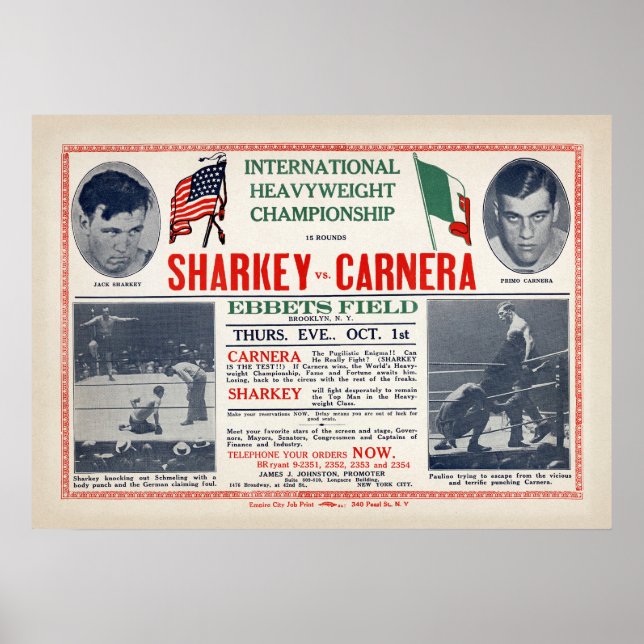 Vintage Jack Sharkey vs Primo Carnera Boxing Poster (Front)