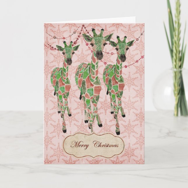 Vintage Jade Blush Giraffes Christmas Card (Front)