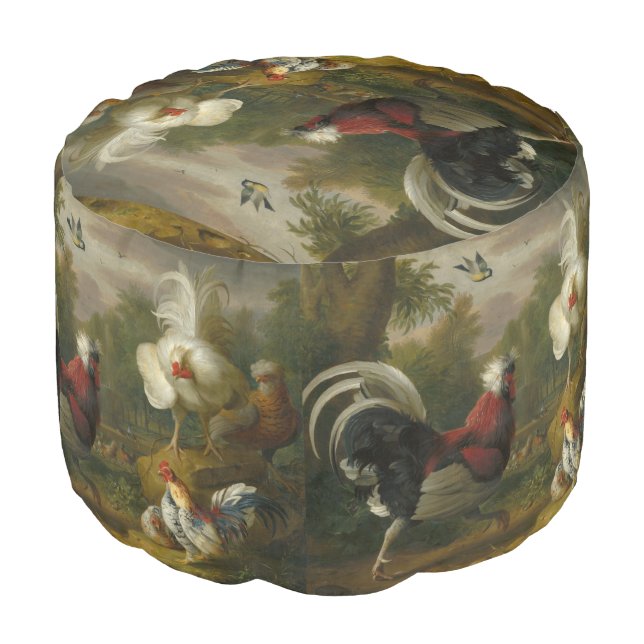 Vintage Jakob Bogdani The Cockrels Fight Pouf (Angled Front)