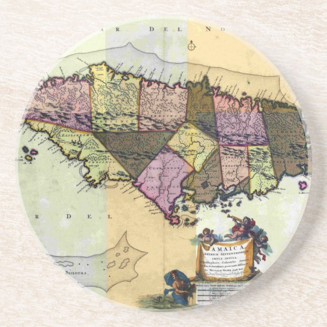 Vintage Jamaica 1680 Map Sandstone Coaster (Front)
