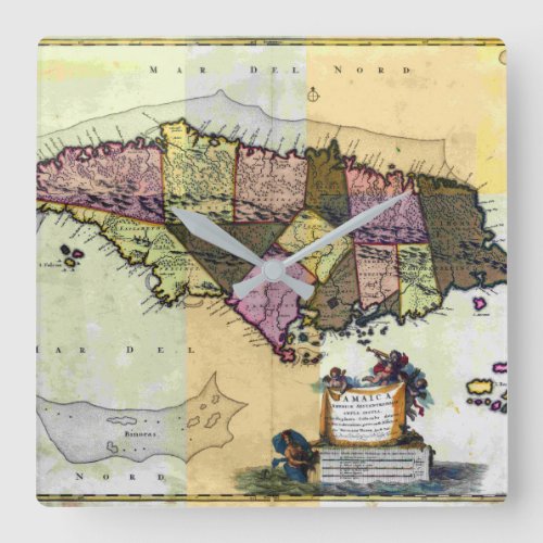 Vintage Jamaica 1680 Map Square Wall Clock