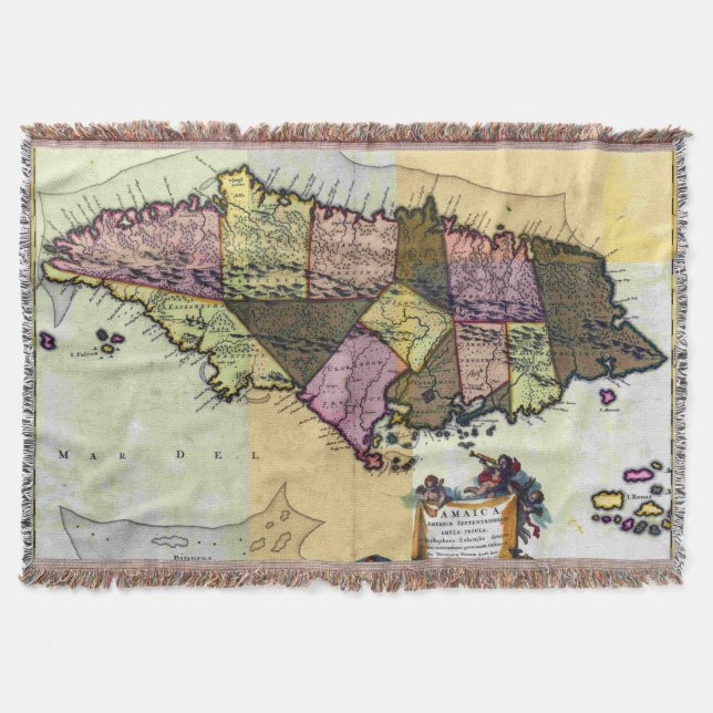 Vintage Jamaica 1680 Map Throw Blanket (Front)