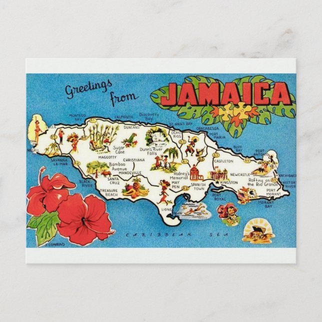 Vintage Jamaica Island Postcard Map  (Front)