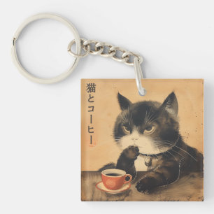 Vintage Japan art cute cat with a cup of coffee Keychain
