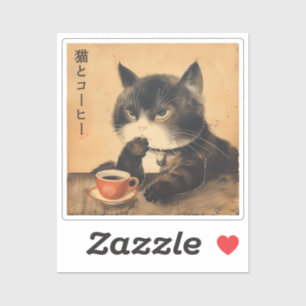 Vintage Japan art cute cat with a cup of coffee Sticker