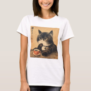Vintage Japan art cute cat with a cup of coffee T-Shirt