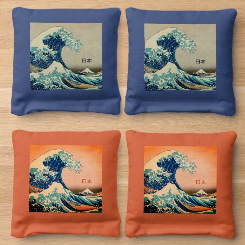 Vintage Japan  Great Wave off Kanagawa Art  Navy Cornhole Bags