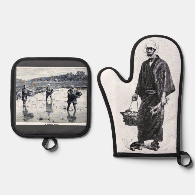 "Vintage Japan" Oven Mitt & Pot Holder Set (Front)
