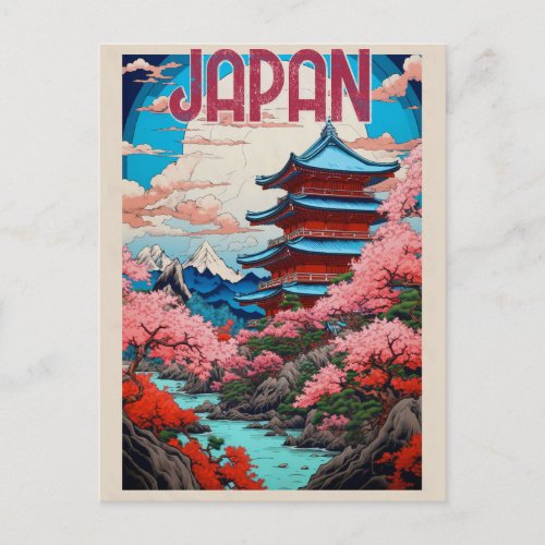 Vintage Japan Pagoda Cherry Blossoms Travel Postcard