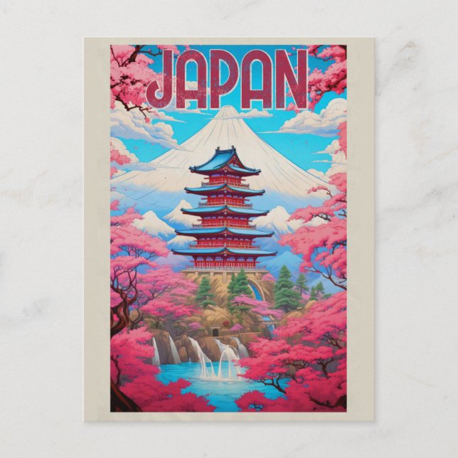 Vintage Japan Pagoda Cherry Blossoms Travel Postcard (Front)