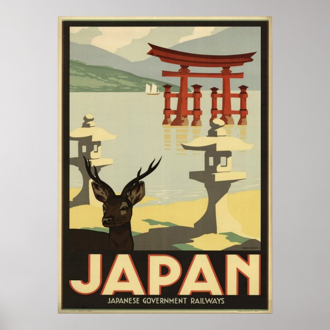 Vintage Japan Sika Deer,Torii Gate Travel Poster (Front)