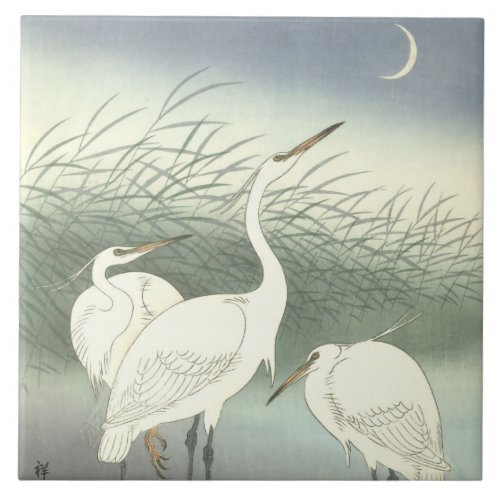 Vintage Japanese 3 Herons Under Crescent Moon Ceramic Tile