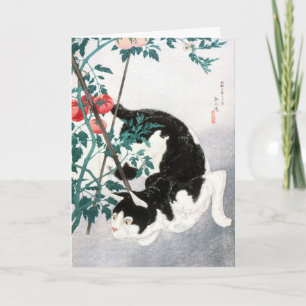 Vintage Japanese Art Black White Cat Tomato Card