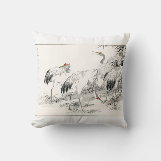 Vintage Japanese Art Cranes And Bamboo Throw Pillow (Front)