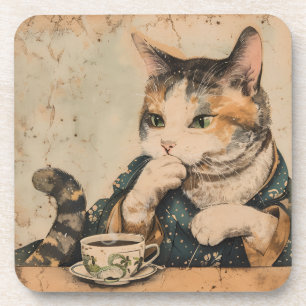Vintage Japanese art cute cat with a cup of tea Beverage Coaster