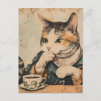 Vintage Japanese art cute cat with a cup of tea Postcard