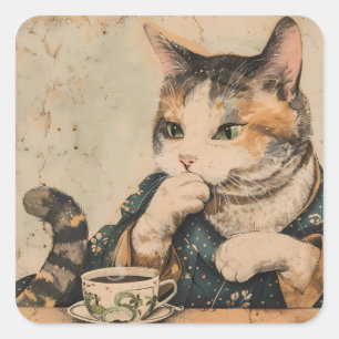 Vintage Japanese art cute cat with a cup of tea Square Sticker