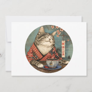Vintage japanese art happy cat with a cup of tea invitation