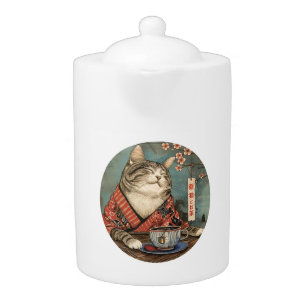 Vintage japanese art happy cat with a cup of tea teapot