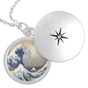 vintage japanese art ocean landscape great wave locket necklace