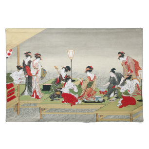Vintage Japanese Art Utagawa Toyohiro Print Cloth Placemat