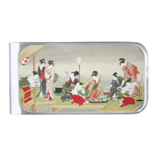 Vintage Japanese Art Utagawa Toyohiro Print Silver Finish Money Clip