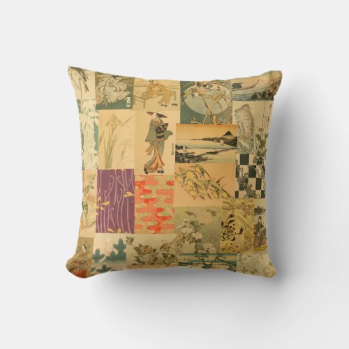 Vintage Japanese Asian Art Collage Patterns Throw Pillow