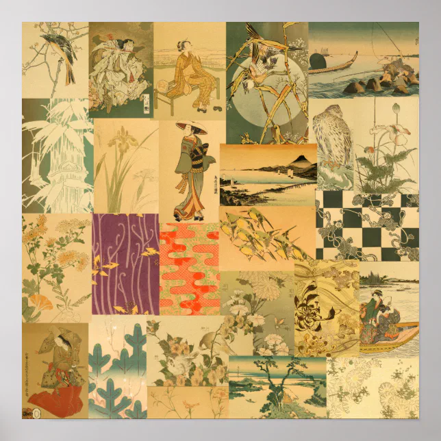 Vintage Japanese Asian Art Collage Wall Pattern Poster | Zazzle