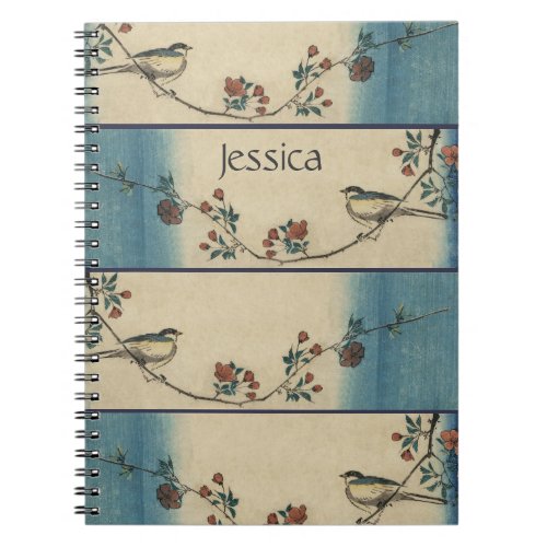 Vintage Japanese Bird and Blossom Art Personalised Notebook